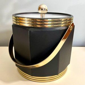 Vintage MCM  Black Vinyl Ice Bucket w/ Brass Gold Accents and Handle